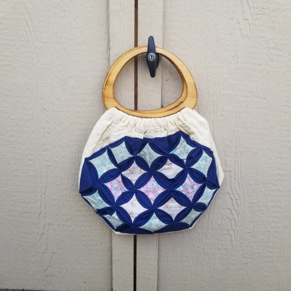 Vintage Quilted Patchwork Wood Handle Purse